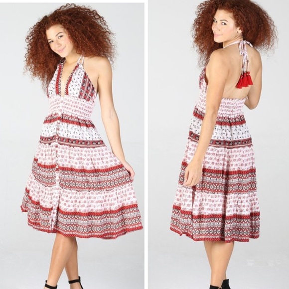 Smocked Printed Halter Neck Midi Dress